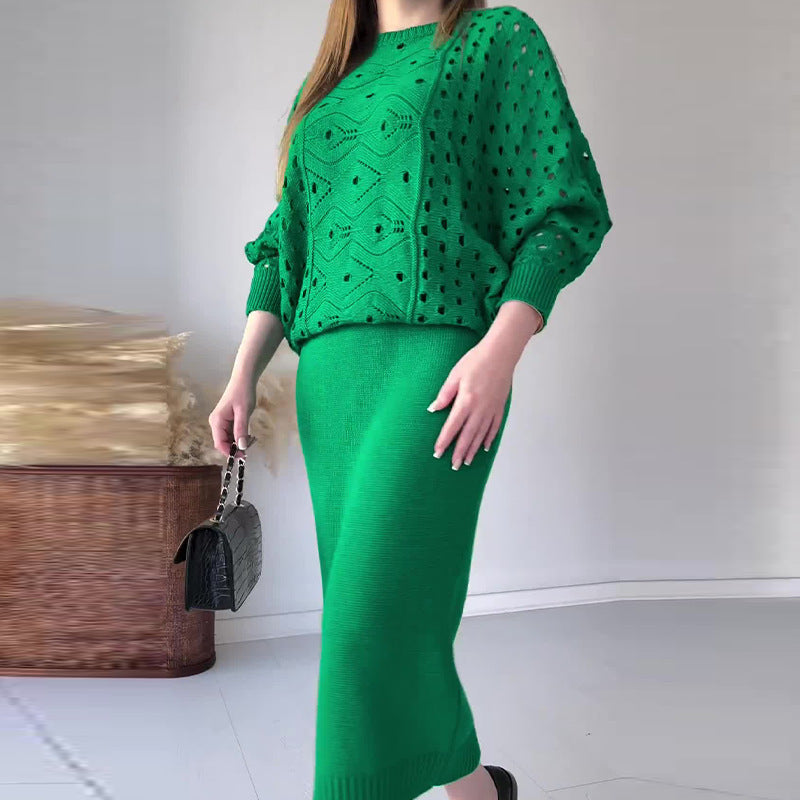 ✨New Arrival✨Knit Openwork Long Sleeve Top & Sleeveless Dress Set-1