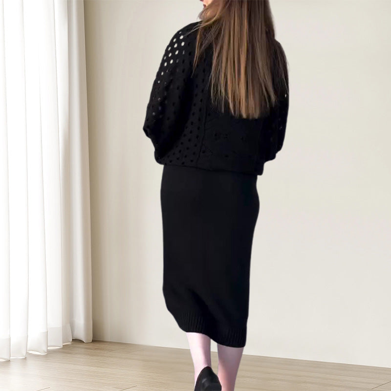 ✨New Arrival✨Knit Openwork Long Sleeve Top & Sleeveless Dress Set-5