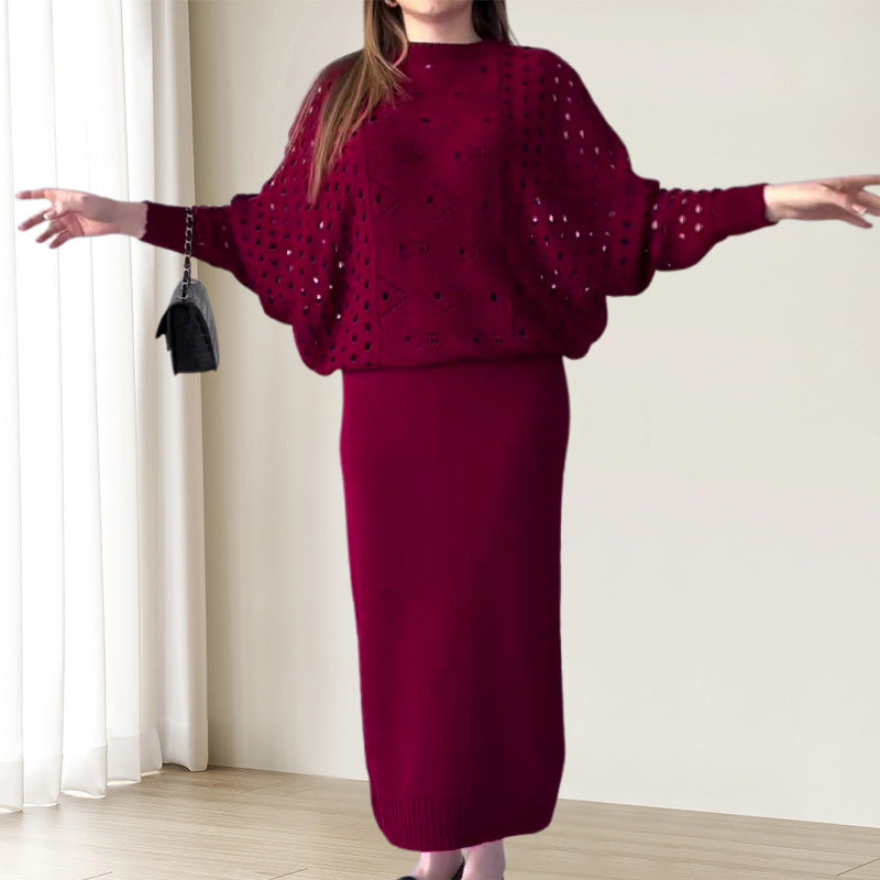 ✨New Arrival✨Knit Openwork Long Sleeve Top & Sleeveless Dress Set-7