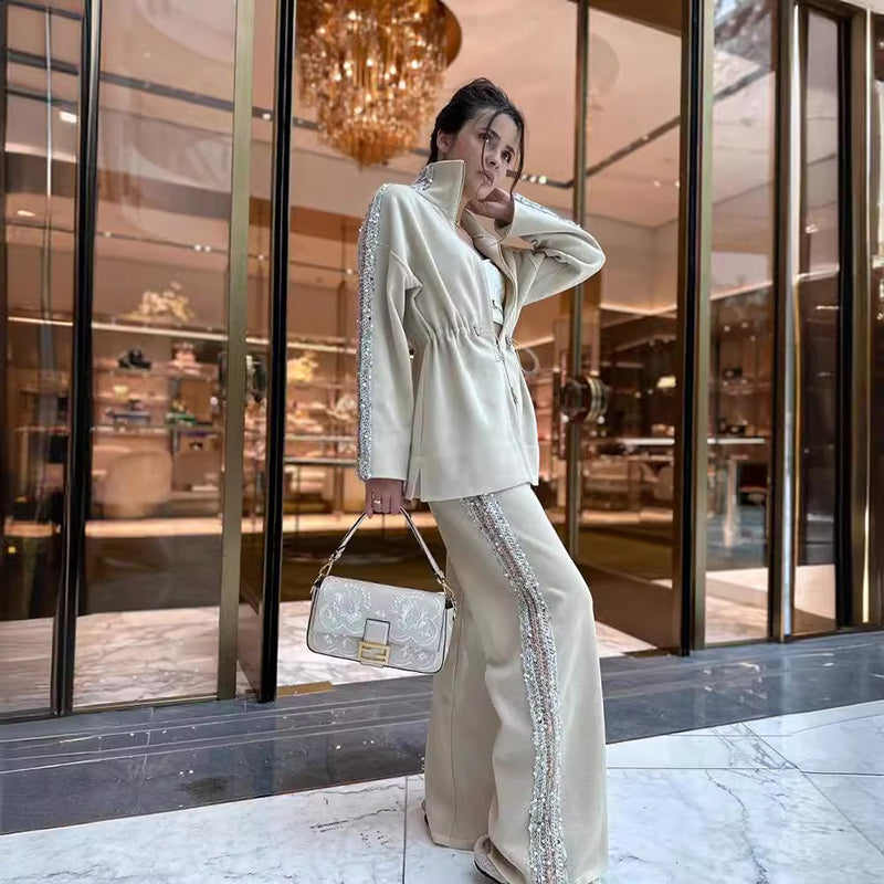 ❄️Winter-Specials❄️Women's Elegant Sequin-Trimmed Top and Wide-Leg Pants (2-piece set)-12