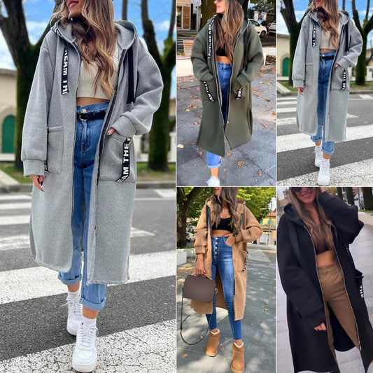 🍂 Early-bird price 50% Rabatt 🍁Lange, lässige, einfarbige Damenjacke mit Kapuze