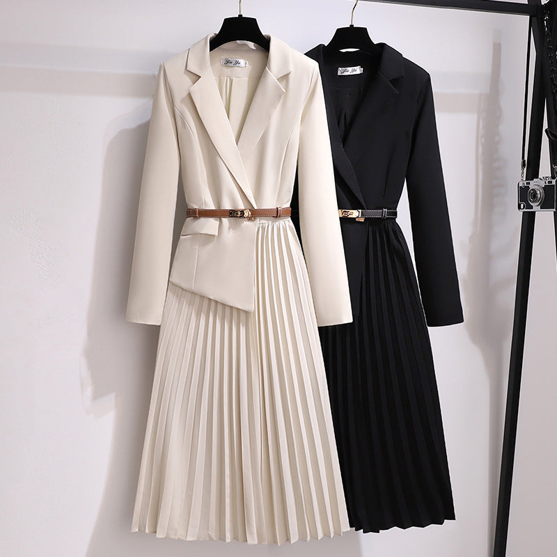 🔥🖤Early Black Friday Sale🔥Asymmetrical Patchwork Pleated Blazer Dress with Belt-2