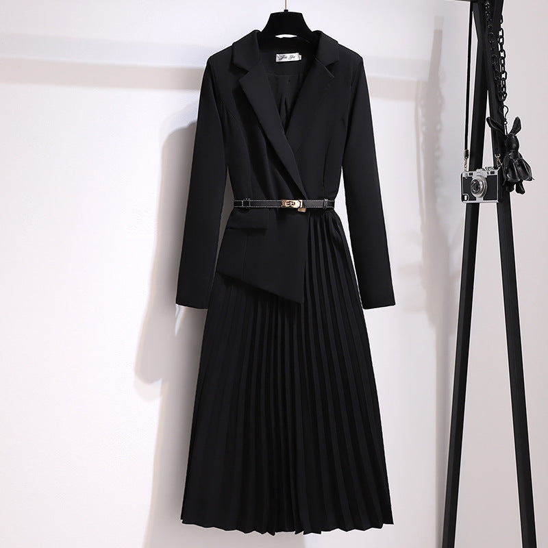 🔥🖤Early Black Friday Sale🔥Asymmetrical Patchwork Pleated Blazer Dress with Belt-1
