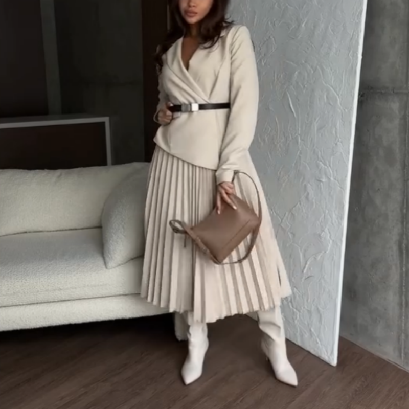 🔥🖤Early Black Friday Sale🔥Asymmetrical Patchwork Pleated Blazer Dress with Belt-5