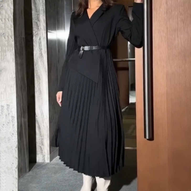 🔥🖤Early Black Friday Sale🔥Asymmetrical Patchwork Pleated Blazer Dress with Belt-6