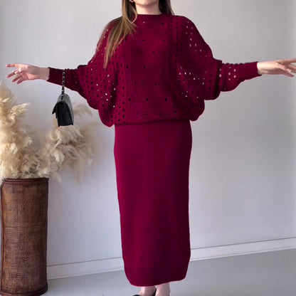 Knit Openwork Long Sleeve Top & Sleeveless Dress Set