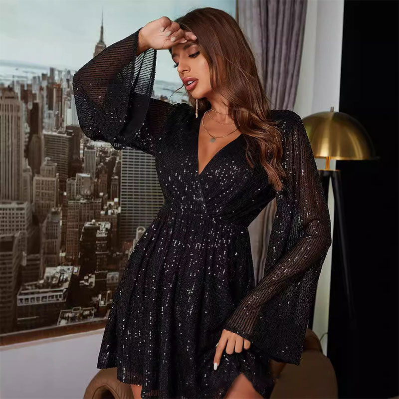 V-neck Long Sleeve Sequin Dress-3