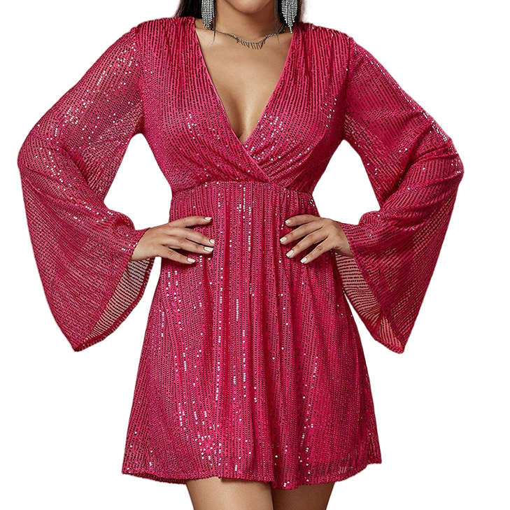 V-neck Long Sleeve Sequin Dress-9
