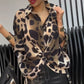 Lapel leopard print løs syv-punkts ærme shirt