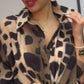 Lapel leopard print løs syv-punkts ærme shirt