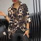 Lapel leopard print løs syv-punkts ærme shirt