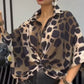 Lapel leopard print løs syv-punkts ærme shirt