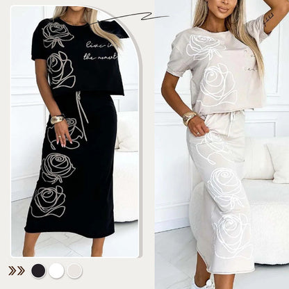 Uformell t-skjorte med blomstermønster og bustier rock for kvinner