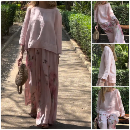 🌸🔥 Einfarbige Oberteile und Hosen mit weitem Bein und Blumenmuster