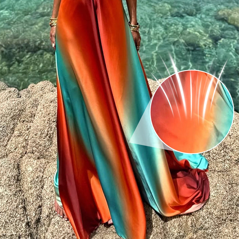 ✨New Arrival✨Neon Sunset Printed Metal Decoration Cutout Back Tie-up Vacation Maxi Dress-4