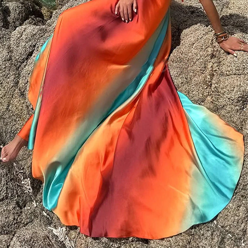 ✨New Arrival✨Neon Sunset Printed Metal Decoration Cutout Back Tie-up Vacation Maxi Dress-5
