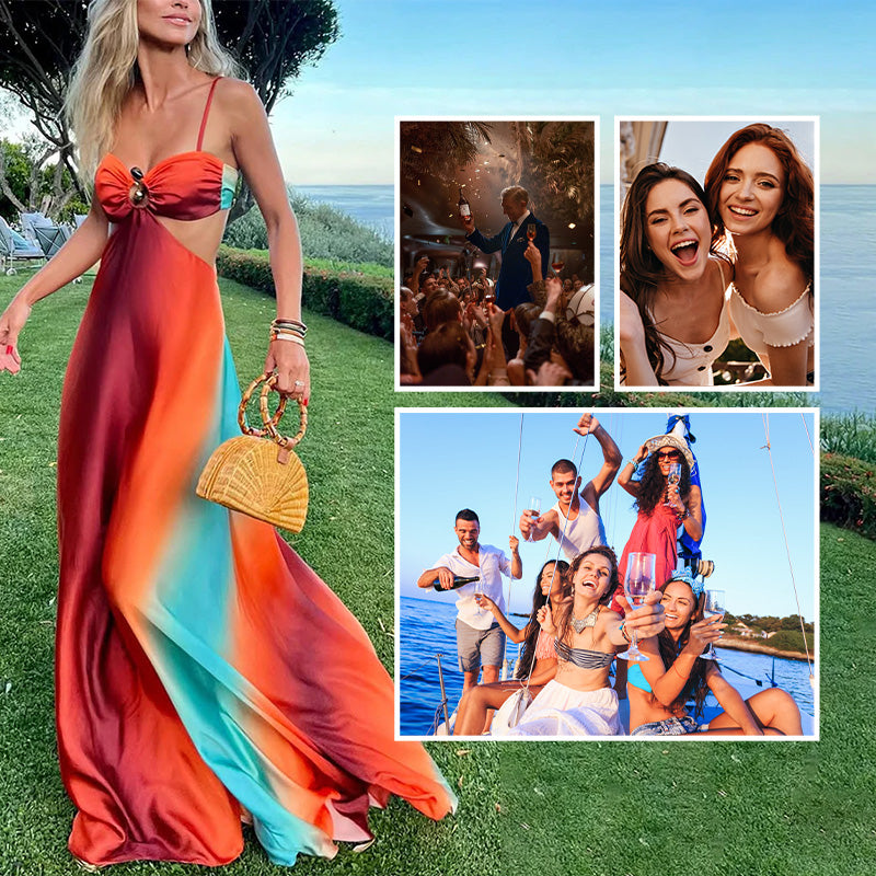 ✨New Arrival✨Neon Sunset Printed Metal Decoration Cutout Back Tie-up Vacation Maxi Dress-6