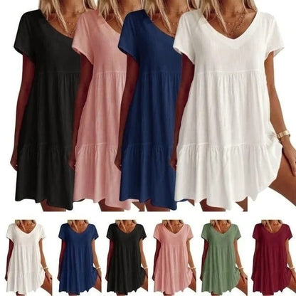 💝Heiße Verkäufe 49 % RABATT💝Baumwollmischung V-Ausschnitt Casual Kurzarm Webkleid😍