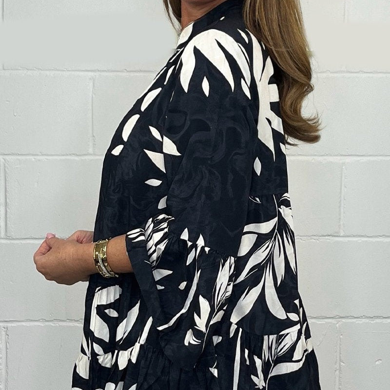 V-Neck Floral Flared Sleeve Ruffle Hem Top-4