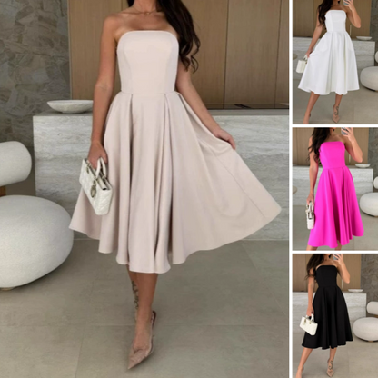 Elegantes, farbloses trägerloses Midi -Kleid