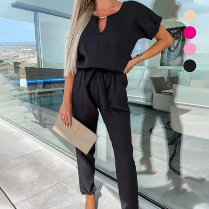 💕Limitierter Verkauf 50% Rabatt auf den trendigen Trend-V-Ausschnitt-Kurzarm-Overall mit Krawatte Taille