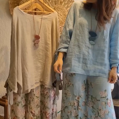 Lose Fit Blouse & Blumengedruckte mit weiten Beinhosen Set mit weitem Bein