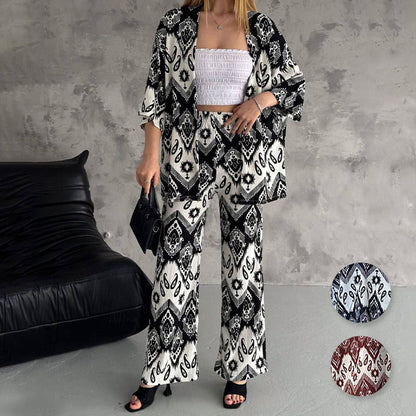 Gedruckte mittlere Ahnung Cardigan & Trendy Wide-Bein-Hosen zweiteiliger Set