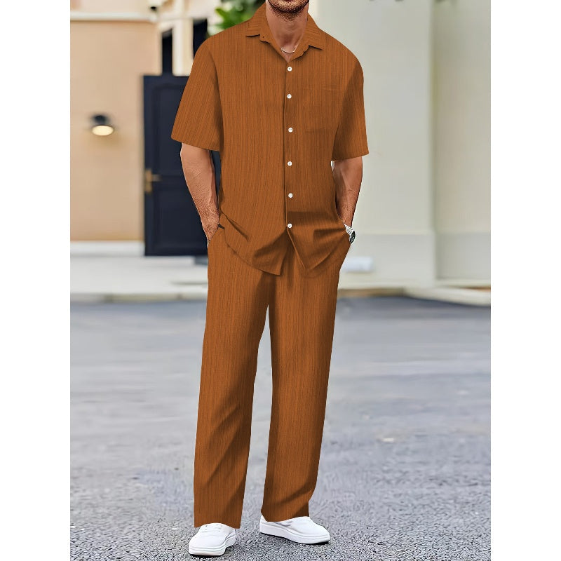Men's Collared Top & Drawstring Pants Set-2