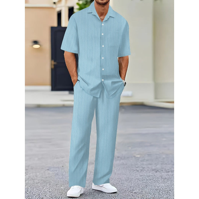 Men's Collared Top & Drawstring Pants Set-4
