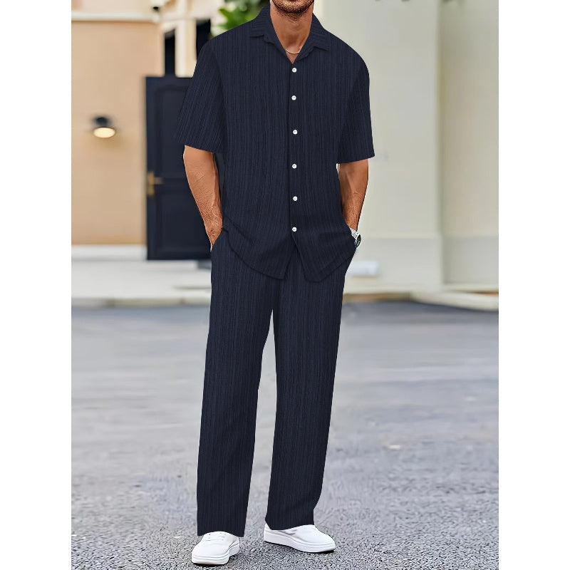 Men's Collared Top & Drawstring Pants Set-5