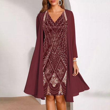 💕Damen-Set: Kleid mit V-Ausschnitt & transparenter langer Jacke