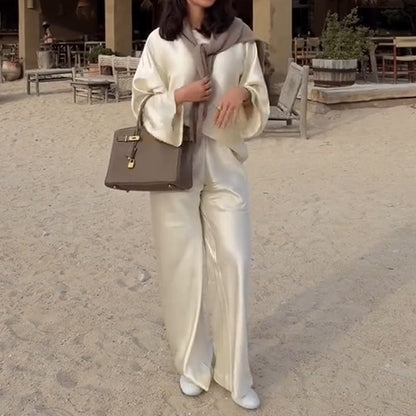 Silky and Elegant Satin Wide Neck Long Sleeve Loose Top and Elastic Waist Wide Leg Pants Set