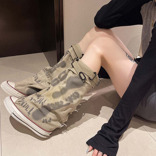 Flache Retro-Stiefel aus Canvas mit mittlerem Schaft für Damen