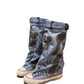 Flache Retro-Stiefel aus Canvas mit mittlerem Schaft für Damen