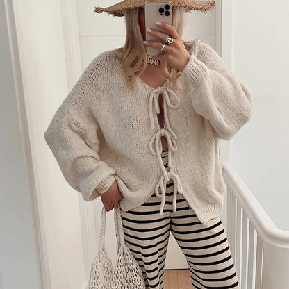 🍂Autumn Hot Sale ！💖Women's Long Sleeve Tie Front Knit Sweater