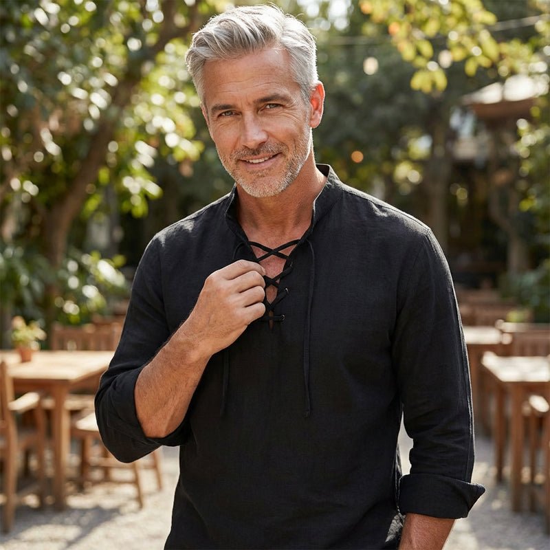 🧥Men's Casual Lace-Up Shirt – Smart in seconds! No-tie modern collar, soft breathable cotton. Effortless style for coffee dates or Sunday roasts. ☕👴-1