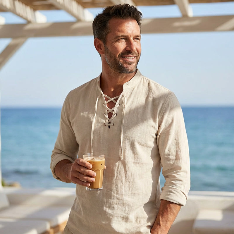 🧥Men's Casual Lace-Up Shirt – Smart in seconds! No-tie modern collar, soft breathable cotton. Effortless style for coffee dates or Sunday roasts. ☕👴-5