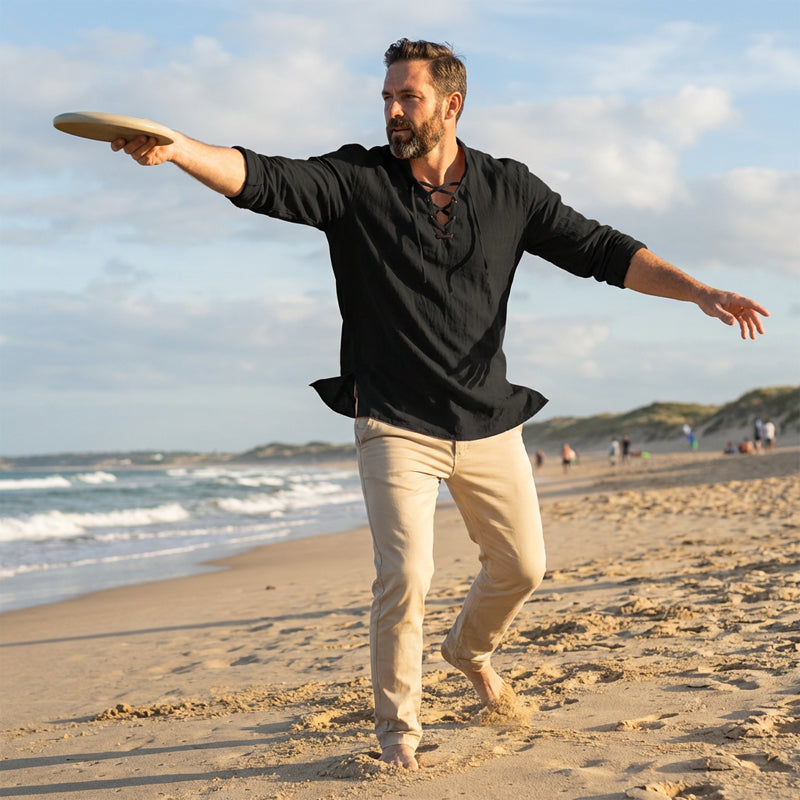 🧥Men's Casual Lace-Up Shirt – Smart in seconds! No-tie modern collar, soft breathable cotton. Effortless style for coffee dates or Sunday roasts. ☕👴-6