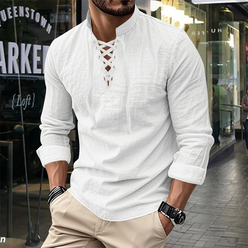 🧥Men's Casual Lace-Up Shirt – Smart in seconds! No-tie modern collar, soft breathable cotton. Effortless style for coffee dates or Sunday roasts. ☕👴-10