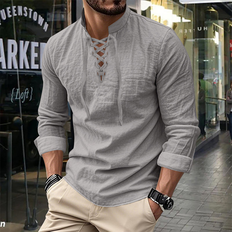 🧥Men's Casual Lace-Up Shirt – Smart in seconds! No-tie modern collar, soft breathable cotton. Effortless style for coffee dates or Sunday roasts. ☕👴-13