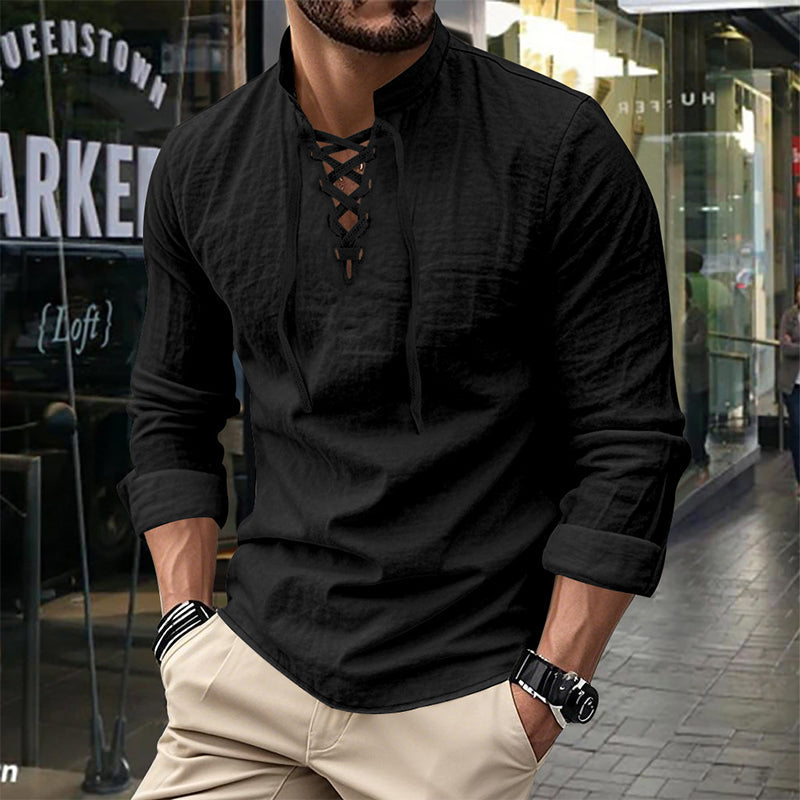🧥Men's Casual Lace-Up Shirt – Smart in seconds! No-tie modern collar, soft breathable cotton. Effortless style for coffee dates or Sunday roasts. ☕👴-12