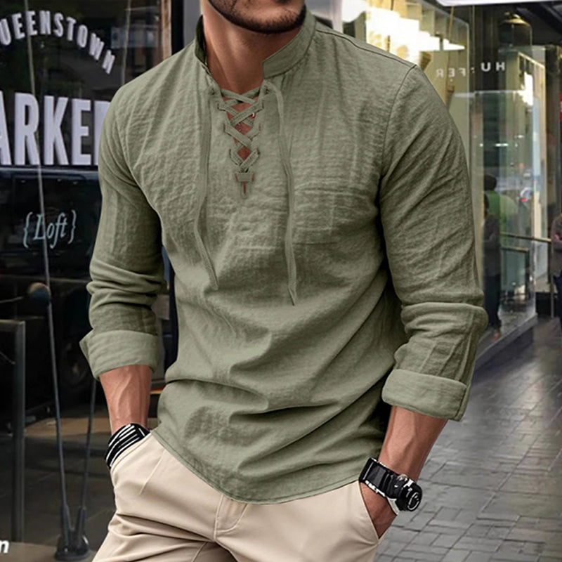 🧥Men's Casual Lace-Up Shirt – Smart in seconds! No-tie modern collar, soft breathable cotton. Effortless style for coffee dates or Sunday roasts. ☕👴-14