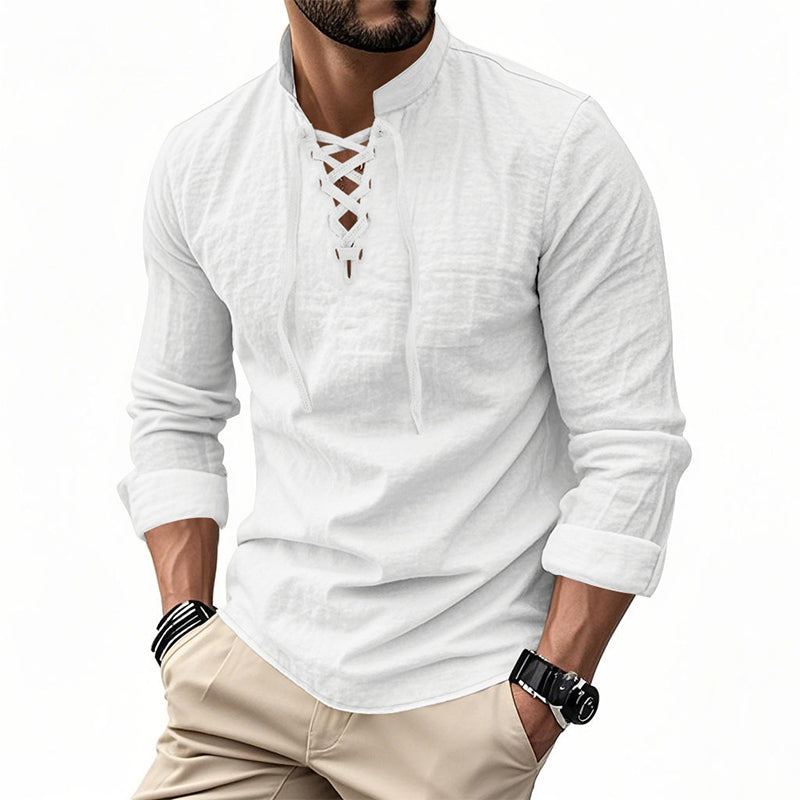 🧥Men's Casual Lace-Up Shirt – Smart in seconds! No-tie modern collar, soft breathable cotton. Effortless style for coffee dates or Sunday roasts. ☕👴-15