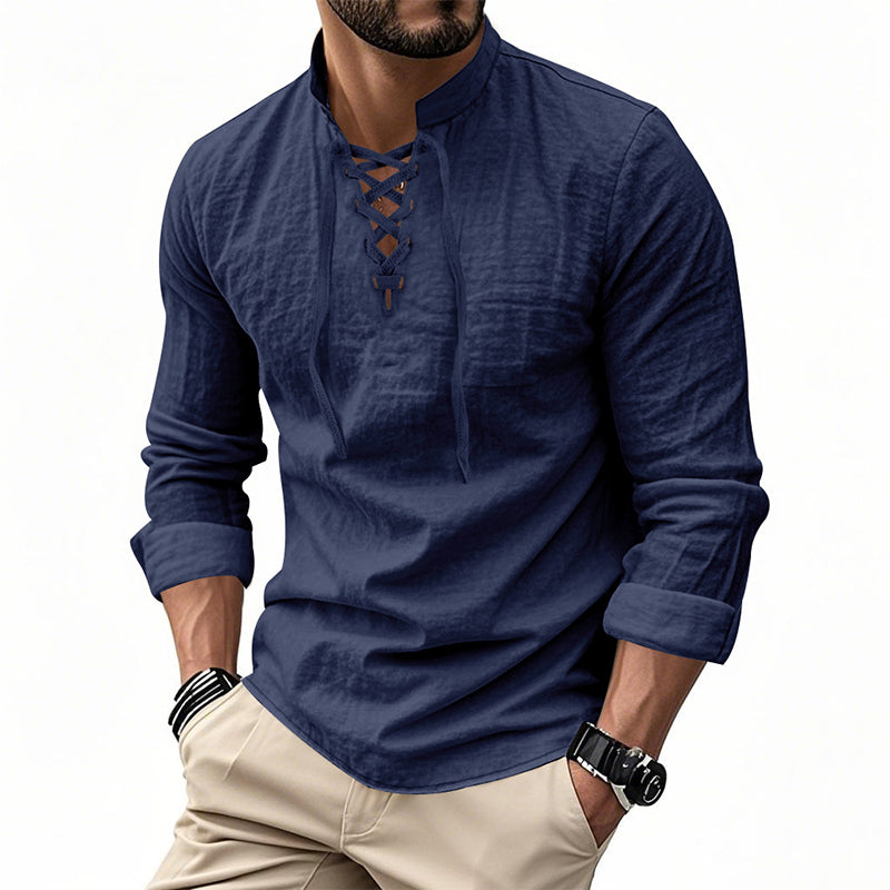 🧥Men's Casual Lace-Up Shirt – Smart in seconds! No-tie modern collar, soft breathable cotton. Effortless style for coffee dates or Sunday roasts. ☕👴-16