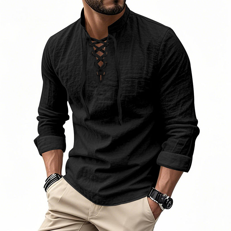 🧥Men's Casual Lace-Up Shirt – Smart in seconds! No-tie modern collar, soft breathable cotton. Effortless style for coffee dates or Sunday roasts. ☕👴-17