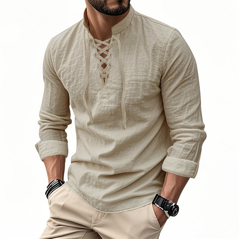 🧥Men's Casual Lace-Up Shirt – Smart in seconds! No-tie modern collar, soft breathable cotton. Effortless style for coffee dates or Sunday roasts. ☕👴-20