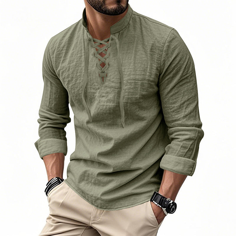 🧥Men's Casual Lace-Up Shirt – Smart in seconds! No-tie modern collar, soft breathable cotton. Effortless style for coffee dates or Sunday roasts. ☕👴-19