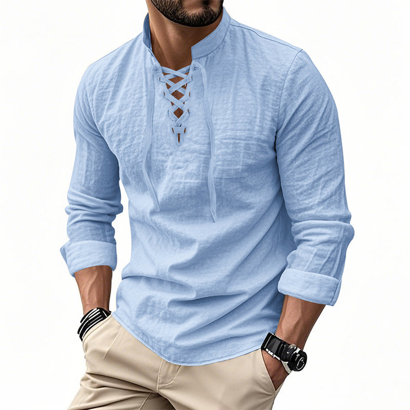 🧥Men's Casual Lace-Up Shirt – Smart in seconds! No-tie modern collar, soft breathable cotton. Effortless style for coffee dates or Sunday roasts. ☕👴-21