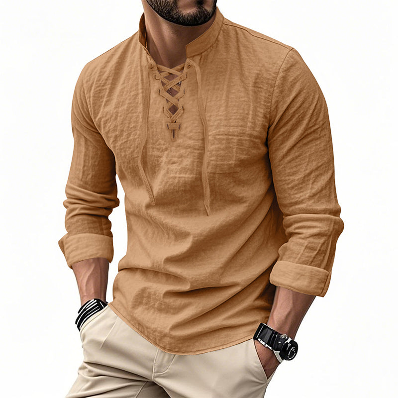 🧥Men's Casual Lace-Up Shirt – Smart in seconds! No-tie modern collar, soft breathable cotton. Effortless style for coffee dates or Sunday roasts. ☕👴-22