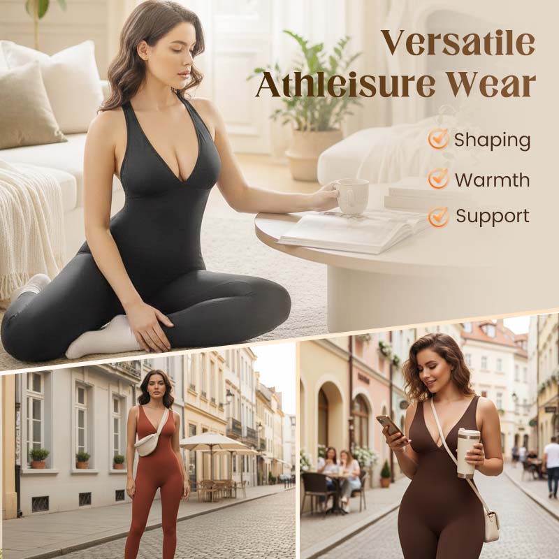 💞50K+ SOLD!🌸High-Stretch V-Neck Jumpsuit – All-day ease for fitness & beyond. Breathable, flexible & effortlessly chic. Your go-to for movement. 🧘‍♀️💫-5